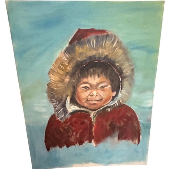 Vintage portrait of Inuit Child Oil Painting Canvas Art blue red 16x12" READ - Picture 1 of 9